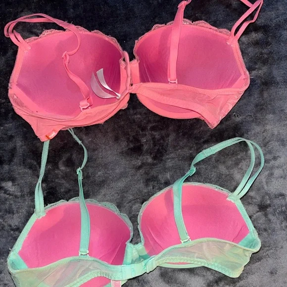 Lace Push-Up Bra — Coral Pink and Mint Green - Picture 2 of 3